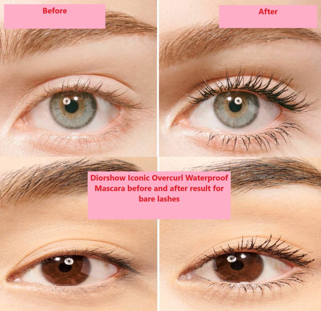 Diorshow Iconic Overcurl Waterproof Mascara before and after result for bare lashes