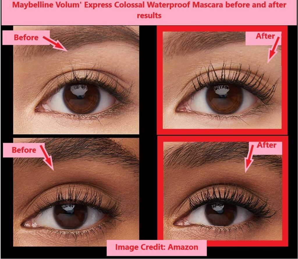Maybelline Volum Express Colossal Waterproof Mascara before and after results