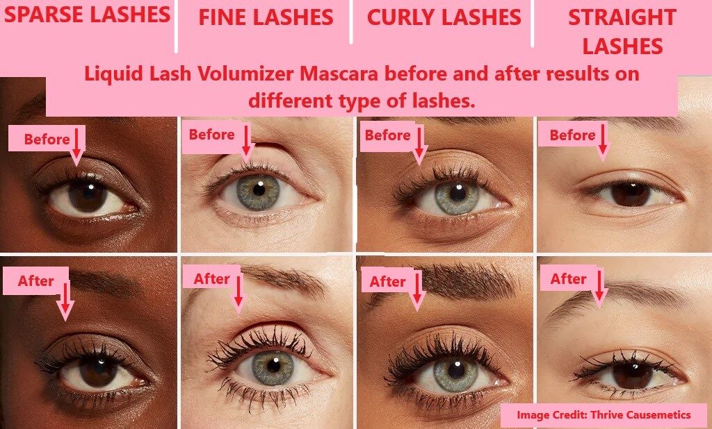 Liquid Lash Volumizer Mascara before and after results on different types of lashes