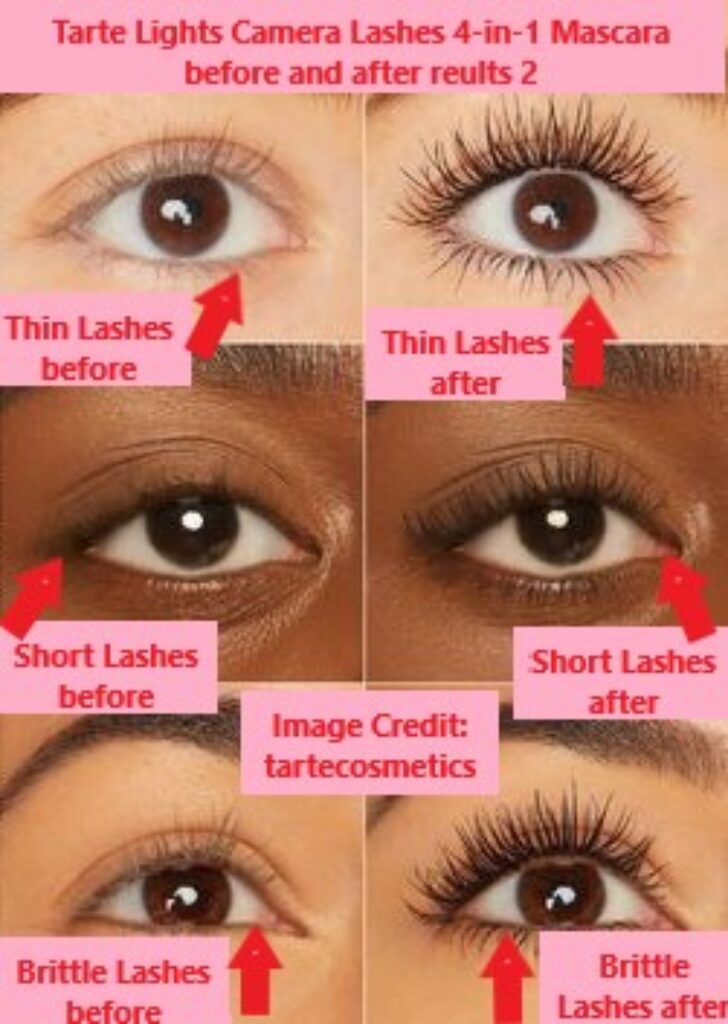 Tarte Lights Camera Lashes 4-in-1 Mascara before and after results 2